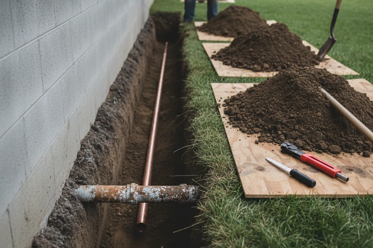 Excavated water line trench during Sewer Line Repair in Hartsdale